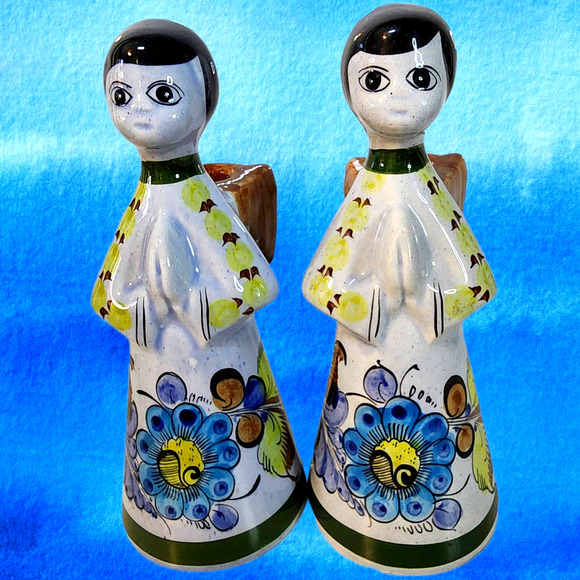 Set of 2 Vintage Tonala Ceramic Pottery Angel Candle Stick Holders Mexico 9" - Picture 1 of 10